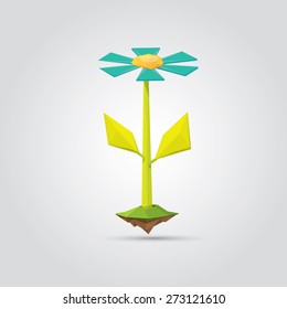 Conceptual polygonal azure spring flower. Abstract vector Illustration, low poly style. Stylized design element. Background design for banner, poster, flyer, cover, brochure. Logo design.