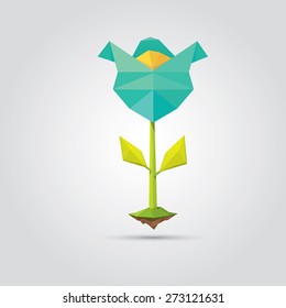 Conceptual polygonal azure spring flower. Abstract vector Illustration, low poly style. Stylized design element. Background design for banner, poster, flyer, cover, brochure. Logo design.