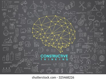 Conceptual Polygonal Brain, Abstract vector Illustration with hand drawn sketches.