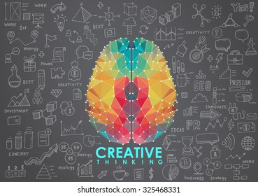 Conceptual Polygonal Brain, Abstract vector Illustration with hand drawn sketches.