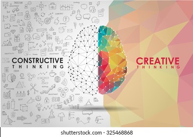 Conceptual Polygonal Brain, Abstract vector Illustration with hand drawn sketches.