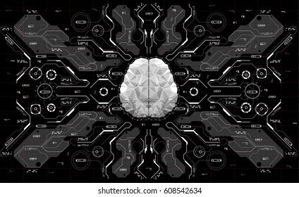 Conceptual Polygonal Brain with HUD elements. Background with futuristic user interface. Design concept with Head-up Display elements.