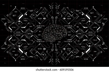 Conceptual Polygonal Brain with HUD elements. Background with futuristic user interface. Design concept with Head-up Display elements.