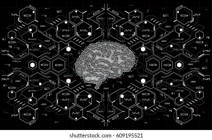 Conceptual Polygonal Brain with HUD elements. Background with futuristic user interface. Design concept with Head-up Display elements.