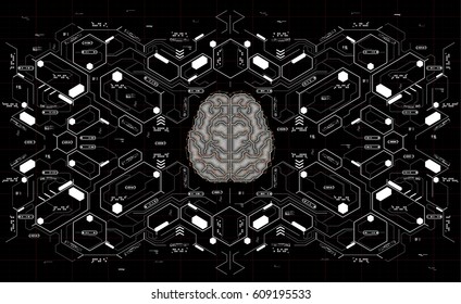 Conceptual Polygonal Brain with HUD elements. Background with futuristic user interface. Design concept with Head-up Display elements.