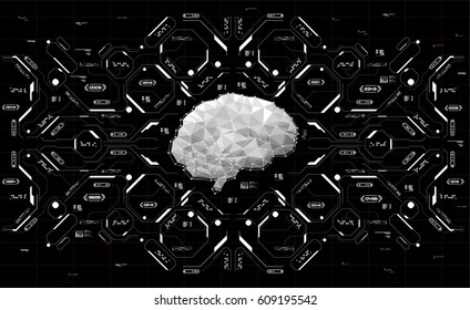 Conceptual Polygonal Brain with HUD elements. Background with futuristic user interface. Design concept with Head-up Display elements.