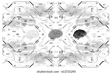 Conceptual Polygonal Brain with HUD elements. Background with futuristic user interface. Design concept with Head-up Display elements.