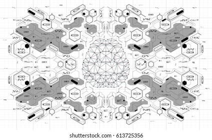 Conceptual Polygonal Brain with HUD elements. Background with futuristic user interface. Design concept with Head-up Display elements.