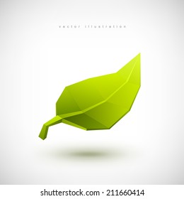 Conceptual polygonal green leaf. Abstract vector Illustration, low poly style. Stylized design element. Logo design.