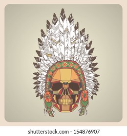 Conceptual polygonal human skull in native american indian chief headdress. Vector illustration. 