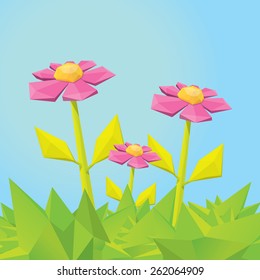 Conceptual polygonal pink spring flowers. Abstract vector Illustration, low poly style. Stylized design element. Background design for banner, poster, flyer, cover, brochure. Logo design.