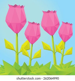 Conceptual polygonal pink spring flowers. Abstract vector Illustration, low poly style. Stylized design element. Background design for banner, poster, flyer, cover, brochure. Logo design.