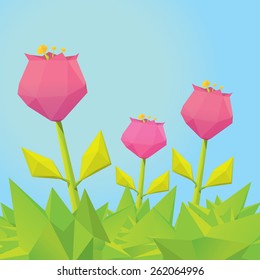 Conceptual polygonal pink spring flowers. Abstract vector Illustration, low poly style. Stylized design element. Background design for banner, poster, flyer, cover, brochure. Logo design.