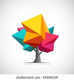 Conceptual polygonal tree. Abstract vector Illustration, low poly style. Stylized design element. Background design for poster, flyer, cover, brochure. Logo design.