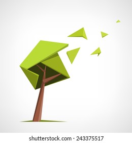 Conceptual polygonal tree. Abstract vector Illustration, low poly style. Stylized design element. Background design for banner, poster, flyer, cover, brochure. Logo design.