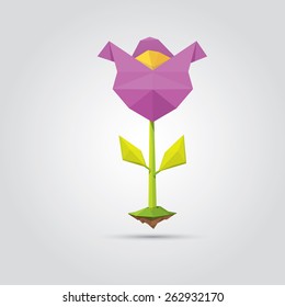 Conceptual polygonal violet spring flowers. Abstract vector Illustration, low poly style. Stylized design element. Background design for banner, poster, flyer, cover, brochure. Logo design.