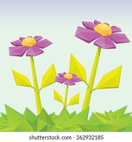 Conceptual polygonal violet spring flowers. Abstract vector Illustration, low poly style. Stylized design element. Background design for banner, poster, flyer, cover, brochure. Logo design.