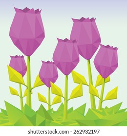 Conceptual polygonal violet spring flowers. Abstract vector Illustration, low poly style. Stylized design element. Background design for banner, poster, flyer, cover, brochure. Logo design.