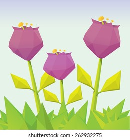 Conceptual polygonal violet spring flowers. Abstract vector Illustration, low poly style. Stylized design element. Background design for banner, poster, flyer, cover, brochure. Logo design.