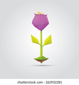 Conceptual polygonal violet spring flowers. Abstract vector Illustration, low poly style. Stylized design element. Background design for banner, poster, flyer, cover, brochure. Logo design.