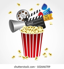 Conceptual popcorn with  entries, movies, 3d glasses, vector illustration