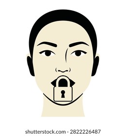 A conceptual portrait showing a human face with a padlock covering the mouth, symbolizing censorship, lack of freedom of speech, secrecy, or keeping a quiet secret.