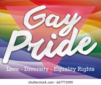 Conceptual poster with colors of rainbow flag, pink inverted triangle and some precepts to celebrate Gay Pride.