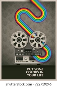 Conceptual poster design with retro tape recorder, rainbow and slogan. Vector illustration.