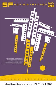 Conceptual poster design for science fiction movies festival. Space ship made from film strip. Promotional cinema flyer.