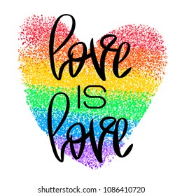 Conceptual poster with hand lettering. Black handwritten phrase Love Is Love and colorful LGBT rainbow glitter heart shape isolated on white. Vector typographic illustration for gay community support