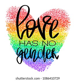 Conceptual poster with hand lettering. Black handwritten phrase Love Has No Gender and colorful LGBT rainbow heart shape isolated on white. Vector typographic illustration for gay community support