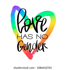 Conceptual poster with hand lettering. Black handwritten phrase Love Has No Gender and colorful LGBT rainbow heart shape isolated on white. Vector typographic illustration for gay community support