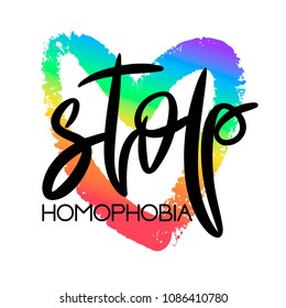 Conceptual poster with hand lettering. Black handwritten phrase Stop Homophobia and colorful LGBT rainbow heart shape isolated on white. Vector typographic illustration for gay community support