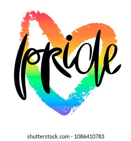 Conceptual poster with hand lettering. Black handwritten phrase Pride and colorful LGBT rainbow grungy heart shape isolated on white. Vector typographic illustration for gay community support