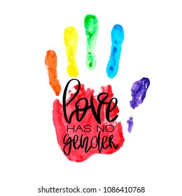 Conceptual poster with hand lettering and handprint. Black handwritten phrase Love Has No Gender and LGBT rainbow Palm print isolated on white. Vector Illustration for gay community support