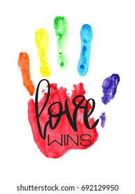 Conceptual poster with hand lettering and handprint. Black handwritten phrase Love Wins and LGBT rainbow Palm print isolated on white. Vector Romantic illustration for Valentines day, wedding