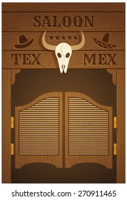 conceptual poster with image of western saloon representing mix of texas and mexican cultures