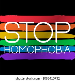 Conceptual poster with LGBT rainbow flag and lettering. White phrase Stop Homophobia and colorful messy flag isolated on black background. Vector typographic illustration for gay community support