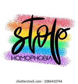 Conceptual poster with LGBT rainbow hand lettering. Black handwritten phrase Stop Homophobia and colorful glitter flag isolated on white. Vector typographic illustration for gay community support