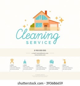 Conceptual poster and the logo for cleaning. Linear a sign cleaning service on a blue background. Vector illustration.