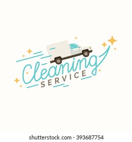Conceptual poster and the logo for cleaning. Linear a sign cleaning service on a blue background. Vector illustration.