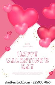 Conceptual poster for Valentine's Day. 3d red and pink hearts, symbol of love. Cute love banner, poster or greeting card. Vector illustration