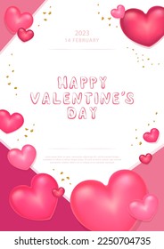 Conceptual poster for Valentine's Day. 3d red and pink hearts, symbol of love. Cute love banner or greeting card