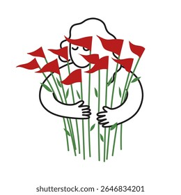 Símbolo psicológico conceitual de maus relacionamentos, menina triste desenhada simples segurando um buquê de frags vermelhos em vez de flores - marcador de parceiro tóxico, manipulador, abusivo, violento. Experiência de namoro.