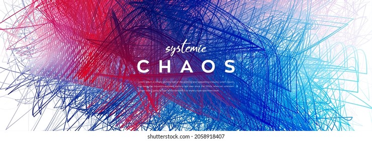 Conceptual red and blue 3d chaos background. Abstract creative scribble line wave. Modern vector scratch illustration.