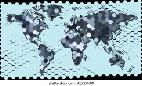 Conceptual representation of an abstract map of the world in the form of multicolored hexagonal mosaic