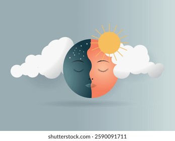 Conceptual representation of bipolar disorder with a face divided between the sun and the moon, symbolizing mood swings between euphoria and depression.