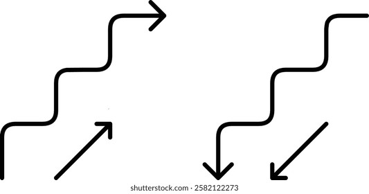 Conceptual representation of paths and directions using abstract continuous black line arrows forming step-like patterns, conveying strategy, movement, and planned progression.