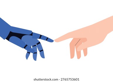 Conceptual representation of a robotic hand touching a human finger symbolizing the union of technology and humanity.