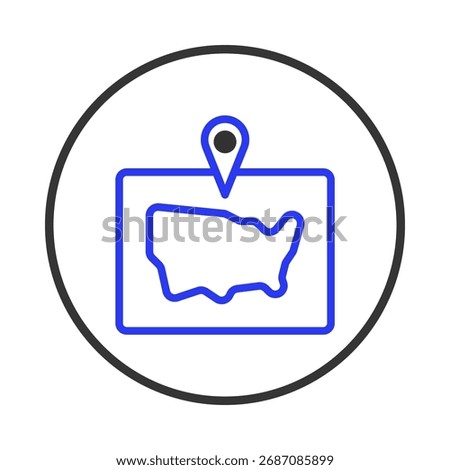 A conceptual representation showcasing geographic relevance. A pinpoint marker hovers above the contoured shape of a continent, enclosed in a frame within a circle, symbolizing location, navigation,